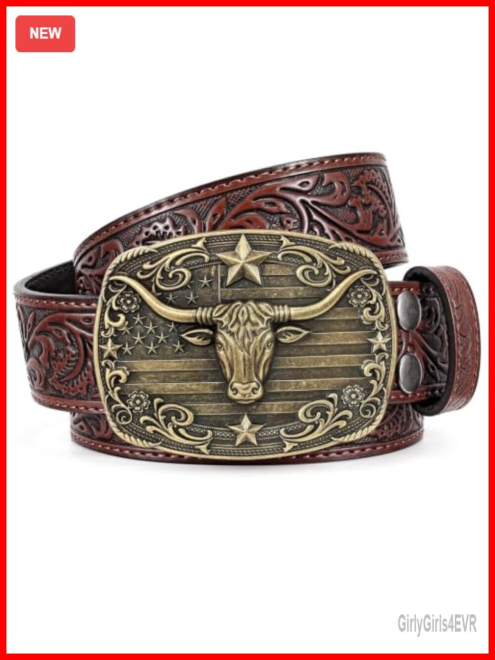 Split Leather Western Cowboy Belt Floral Embossed Longhorn Buckle